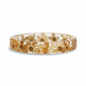Thin Resin Ring with Brown Forget-Me-Not Flowers and Gold Flakes, Mother's Day - Picture 1 of 4
