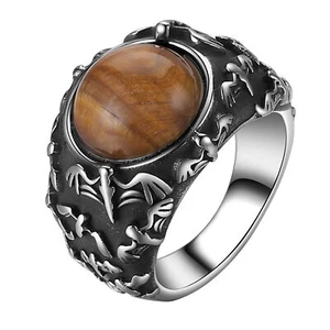 Retro Mens Punk Round Tiger Eye Gemstone Bat Stainless Steel Ring Band Size 7-13 - Picture 1 of 13