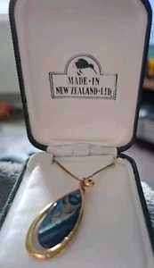 Paua Shell Tear Drop Gold Tone Pendant And Chain Abalone Original Box - Picture 1 of 5