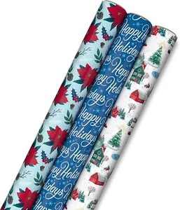 Hallmark Holiday Flowers Wrapping Paper with Cutlines on Reverse 3 Rolls - Picture 1 of 8