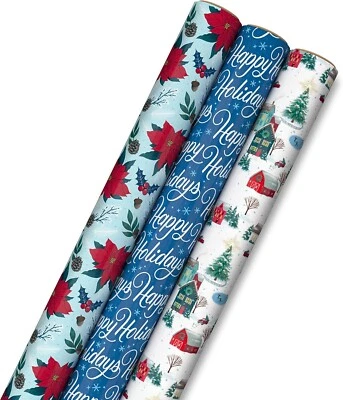 Hallmark Holiday Flowers Wrapping Paper with Cutlines on Reverse 3 Rolls - Image 1 of 4