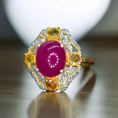 Ruby Cabochon Ring | Citrine & Diamond Accent, Gold Plated 925 Sterling Silver - Image 1 of 4