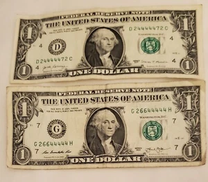 Two $$$$ 1 dollar bills fancy 5 in a row 4's 2013 & 2017 - Picture 1 of 2