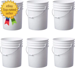 6 Pack | Premium 5 Gallon Bucket, Food Grade BPA Free HDPE, White - No Lid - Picture 1 of 1