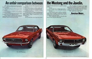 1968 AMC JAVELIN SST & 1967 FORD MUSTANG ~ BELLA STAMPA ORIGINALE 2 PAGINE ANNUNCIO - Foto 1 di 1