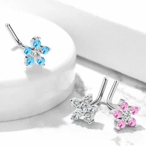 CZ Flower 316L Surgical Steel L Bend Nose Stud Rings 20G - Picture 1 of 10
