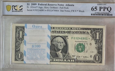 2009 Full Pack Strap of 100 $1 Star Notes Uncirculated Sequential Atlanta 65 PPQ - Image 1 of 2