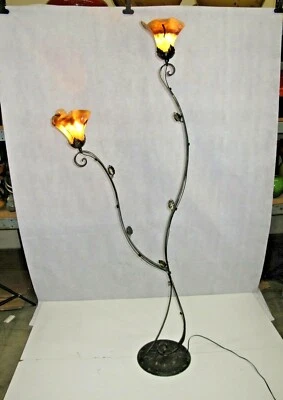 Art Deco  2 Lights Wrought Iron Floor With Blown Glass  Shades Multi - Image 1 of 4