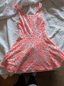BETHANY MOTA WHITE & NEON ORANGE SKATER DRESS SIZE MEDIUM LINED COTTON BLEND - Picture 1 of 4