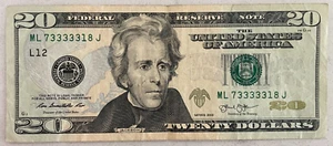 2013 $20 DOLLAR NOTE 5-OF-A-KIND SERIAL NUMBER #73333318 - Picture 1 of 2