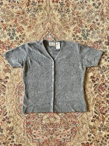 Vintage Kathie Lee Collection Chenille Gray Button Up Cardigan Short Sleeve 90s - Picture 1 of 3
