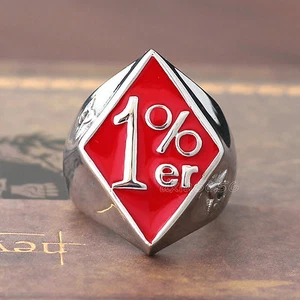 Men 1%er Outlaw Biker One Percenter Ring Red Enamel Silver Stainless Steel - Picture 1 of 7