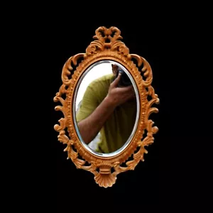 Wooden Wall Mirror Teak Wood Natural Finish Wooden Frame Hand Carved Decorative - Picture 1 of 9