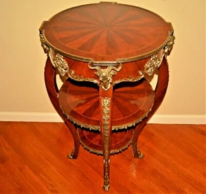 Antique Original Vintage Gilded Bronze Inlaid Mahogany Triple Tier Accent Table - Picture 1 of 12