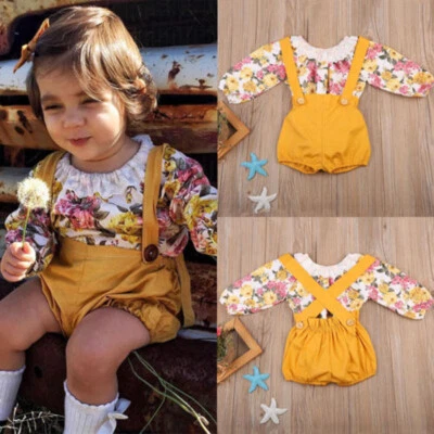 Newborn Baby Girl Floral Ruffle Jumpsuit Romper Suspenders Trousers Outfit Set - Image 1 of 4