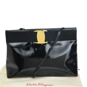 SALVATORE FERRAGAMO Vara 2Way Shoulder Clutch Bag Patent Leather BK GHW 07YF353 - Picture 1 of 12