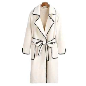 Women's Elegant Wool Blend Lapel Collar Bow-Tie Belt Midi Long Trench Coat - Picture 1 of 12