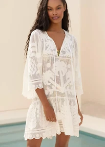 💕$290 FARM RIO PALM TREE CUTWORK EMBROIDERED COVERUP MINI DRESS SZ LARGE - Imagen 1 de 4