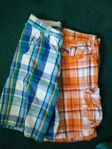 Boys Youth Size 7 Cargo Shorts Navy Plaid Orange Plaid Lot Of 2 - Picture 1 of 3