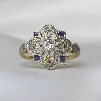 Anillo de compromiso eduardiano vintage Art Deco filigrana zafiro diamante regalo década de 1920 Foto 1 de 4