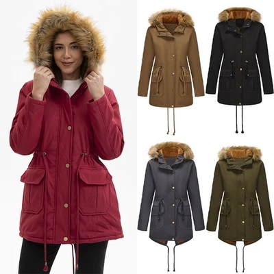Womens Warm Jacket Thicken Winter Hooded Outwear Parka Coat Fleece Fur PLUS SIZE - Image 1 of 4