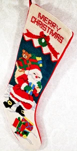 VTG Santa Needlepoint Stocking Christmas Cotton Complete Handmade Red 19” - Picture 1 of 6