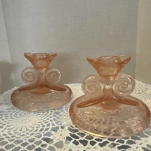 Fostoria Pink June etched (No. 279) Scroll Handled Candlesticks (2) - Picture 1 of 6