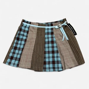 Vintage NWT Amy Byer Brown Blue Plaid Striped Mini Skirt Silver Accent Womens 12 - Picture 1 of 5