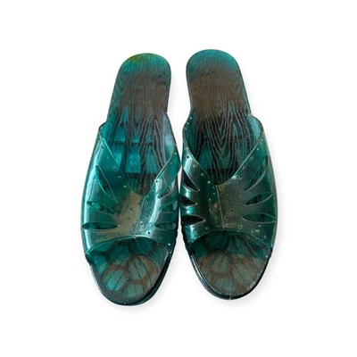 复古 60 年代果冻拖鞋凉鞋 – 7 码,绿色塑料楔形高跟鞋美国制造 — 第 1/4 张图片