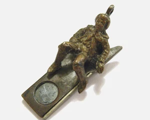 Victorian Novelty Austrian Bronze Sitting Boy Mechanical Cigar Cutter Chain Fob - Picture 1 of 12