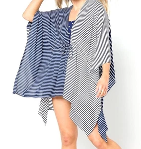 Lands End Kimono mit Bindegürtel - blau weiße Streifen, Einheitsgröße - Bild 1 von 13