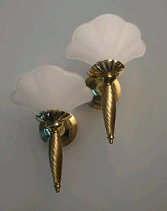Set 2 applique da parete Partylite ottone vetro smerigliato Lexington portacandele conchiglia - Foto 1 di 16