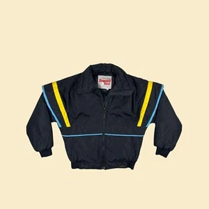 1980s S down ski jacket, vintage Downhill Racer zip up black/teal/yellow puffer - Picture 1 of 10