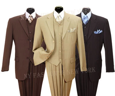  Terno masculino 3 peças com colete 3 botões listrado fantasia lã estilo 5802V4 - Imagem 1 de 4