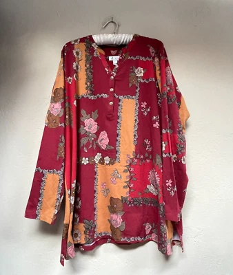 Top túnica manga larga cuello Henley Denim & Co para mujer XL abotonada floral rojo Foto 1 de 4
