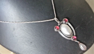 Victorian Silver Arts & Crafts Mother Of Pearl & Cabouchon Ruby Pendant Necklace - Image 1 of 4