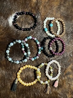 Lote de 11 pulseiras com miçangas borla preta turquesa multicolorida strass elástico - Imagem 1 de 4