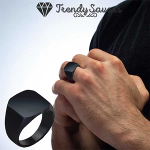Simple Style Stainless Steel Black Signet Polished Biker Wedding Ring for Men - Picture 1 of 9