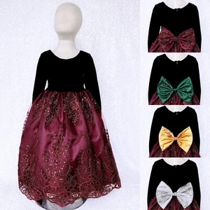 Holiday Long Sleeve Black Velvet Burgundy Embroidery Dress Pageant Wedding 2 4 6 - Picture 1 of 22