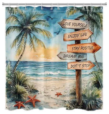 Tropical Green Palm Tree Coastal Beach Shower Curtain Set for Bathroom Decor - Image 1 of 4