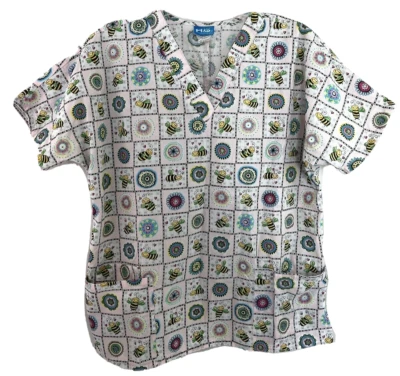H.Q. Scrub Short Sleeve Bee floral Shirt Size Medium - Image 1 of 4