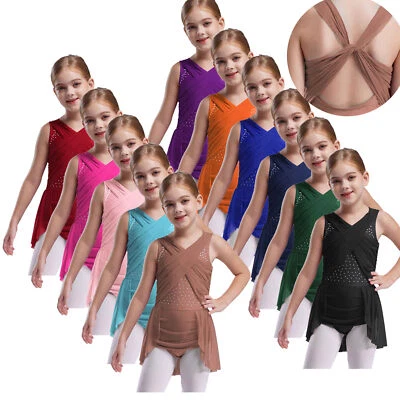 Kids Girls Rhinestones Lyrical Dance Dresses Figure Skating Performance Costume  - Image 1 of 4