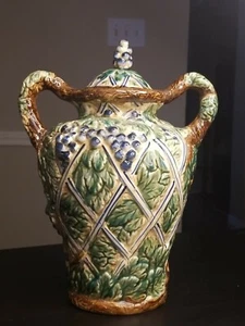 Glazed Majolica Pottery Grape and Leaves Vase 12.5" Tall approx. With lid. Rare! - Picture 1 of 8