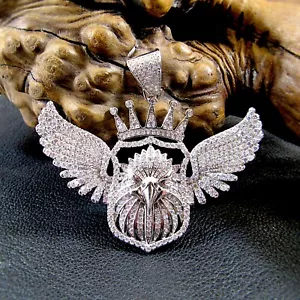 Solid 925 Sterling Silver Iced Out Rhodium Plated Crowned Eagle Pendant w/CZs - Picture 1 of 8