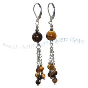 6mm 10mm Natural Yellow Tiger's Eye Round Gems Beads Dangle Leverback Earrings - Picture 1 of 8