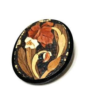 Vintage Kunstleder Vinyl Oval Floral Iris Anstecknadel Brosche Japan Retro MCM Woodtones - Bild 1 von 9