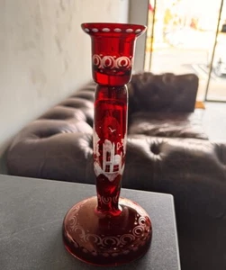 ❤️ Egermann Hand Etched Bohemian Ruby Red Cut to Clear Glass Czech CandleHolder - Picture 1 of 12