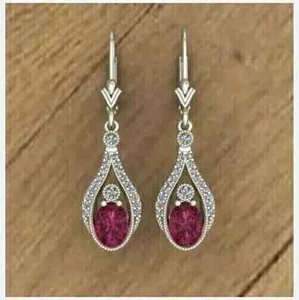 2.20Ct Oval Cut Lab Created Red Ruby Womens Drop Earrings 14K White Gold Plated - Picture 1 of 5