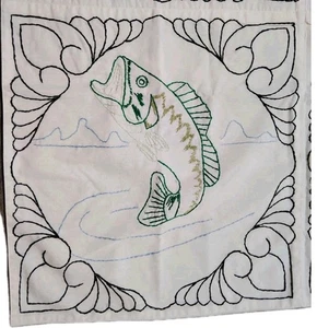 Large Mouth Bass Handmade Embroidered Table Runner Blue White Green 32"X 50" - Picture 1 of 3