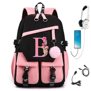 26 Initials Flower School Bags for Teenage Girls Pink Flower Alphabet Cute Gift - Picture 1 of 46